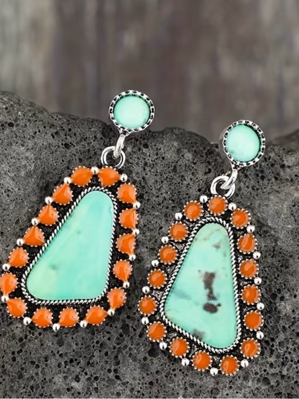 Turquoise & Orange Stone Drop Earrings - Women Jewelry